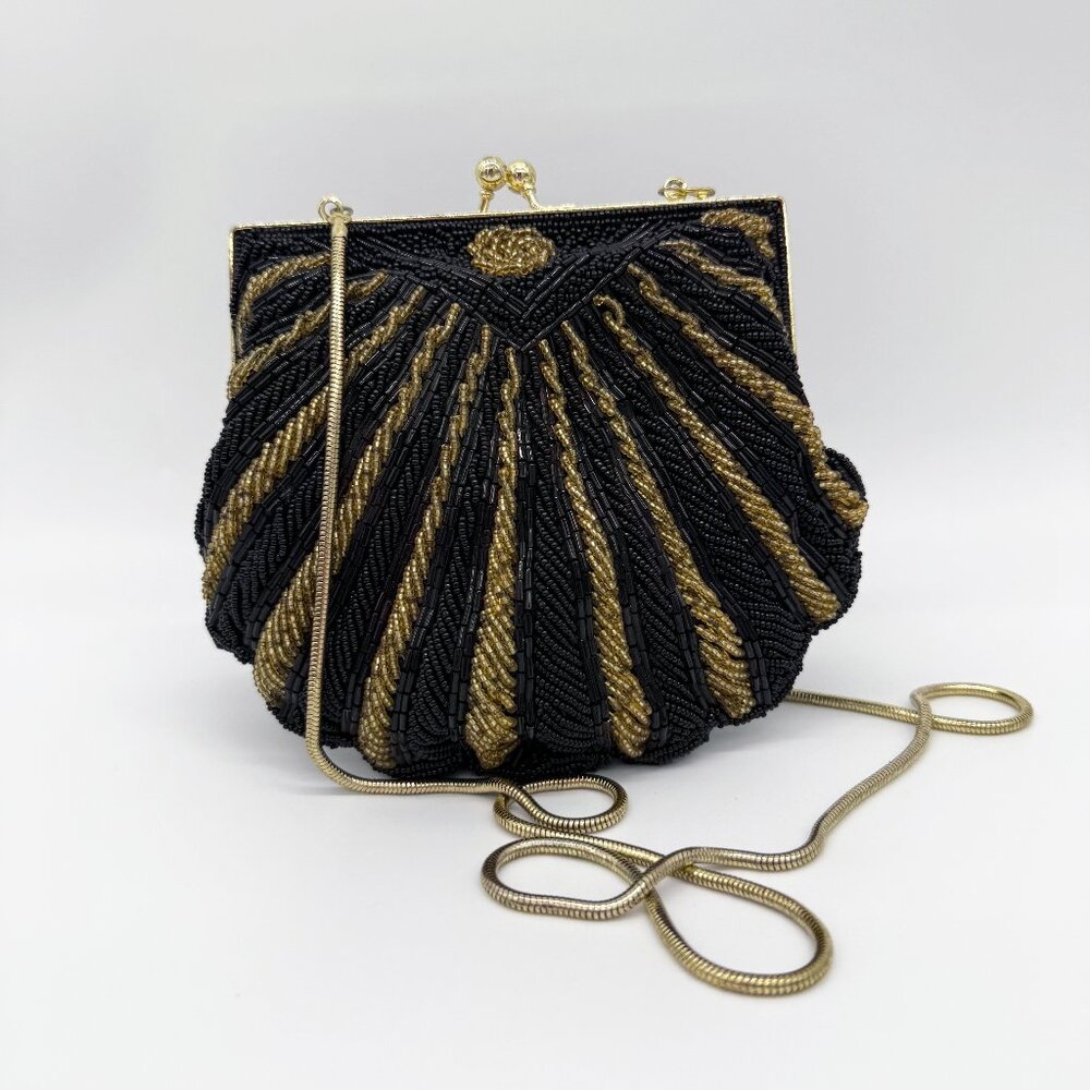 Vintage Beaded Shell Purse Gold Clam Evening Bag